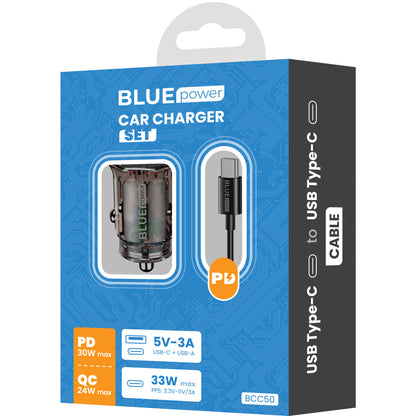 Cargador de coche con cable USB-C BLUE Power BCC50, 33W, 3A, 1 x USB-A - 1 x USB-C, Negro