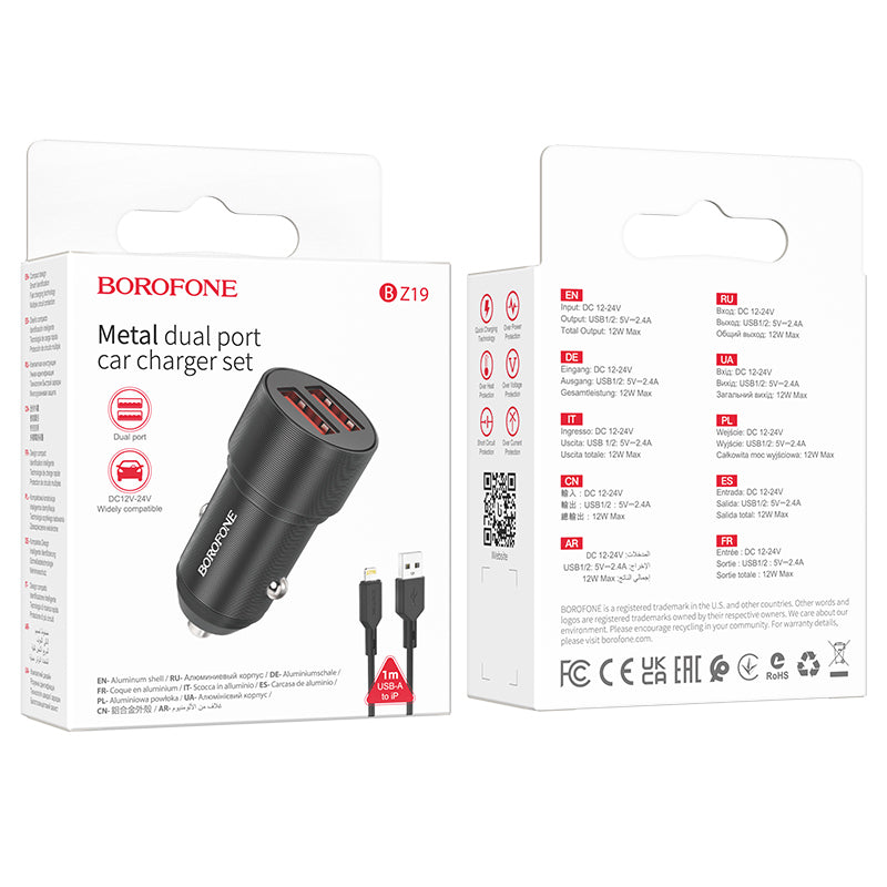 Cargador de coche con cable Lightning Borofone BZ19 Wisdom, 12W, 2.4A, 2 x USB-A, Negro 