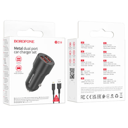 Cargador de coche con cable Lightning Borofone BZ19 Wisdom, 12W, 2.4A, 2 x USB-A, Negro 