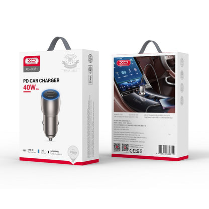 Cargador de coche con cable Lightning XO Design CC51, 40W, 3A, 2 x USB-C, Gris 