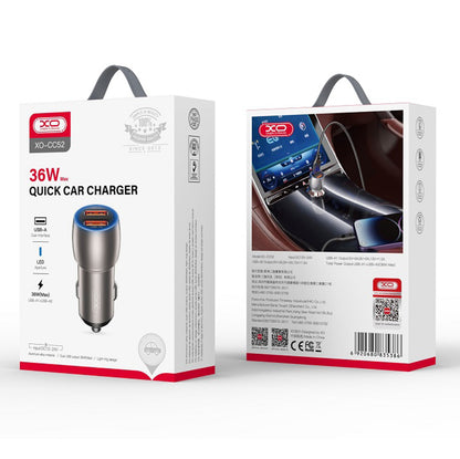 Cargador de coche con cable USB-C XO Design CC52, 36W, 3A, 2 x USB-A, Gris 