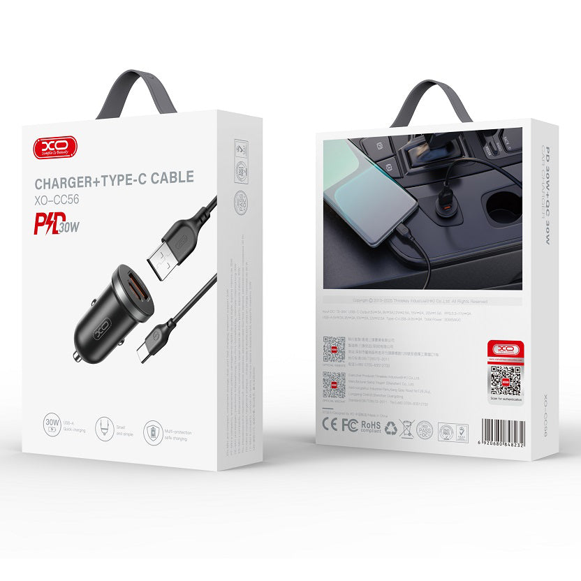 Cargador de coche con cable USB-C XO Design CC56, 30W, 3A, 1 x USB-A - 1 x USB-C, Negro