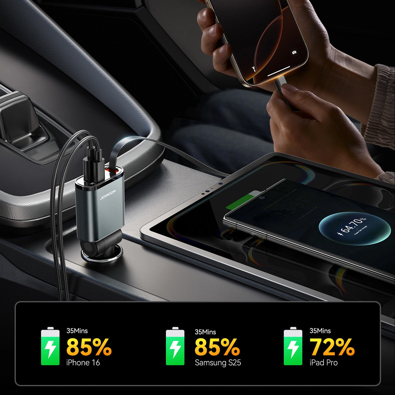 Cargador de coche con cable USB-C Joyroom JR-CCL07, 30W, 3A, 1 x USB-A - 1 x USB-C, Gris