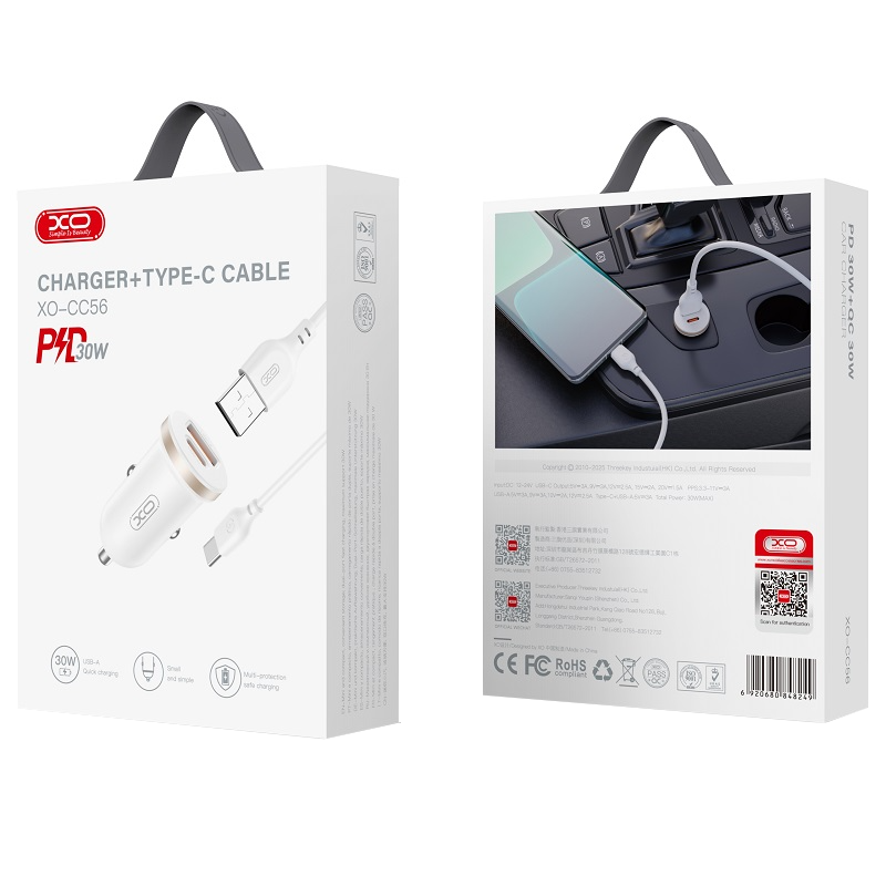 Cargador de coche con cable USB-C XO Design CC56, 30W, 3A, 1 x USB-A - 1 x USB-C, Blanco