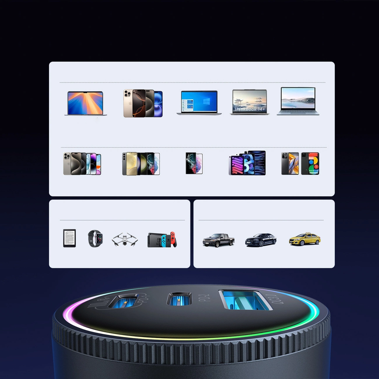 Cargador de coche con cable USB-C Joyroom JR-CCN07, 145W, 5A, 1 x USB-A - 2 x USB-C, Gris