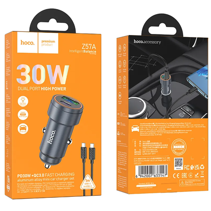 Cargador de Coche con Cable USB-C HOCO Z57A, 30W, 3A, 1 x USB-A - 1 x USB-C, Gris