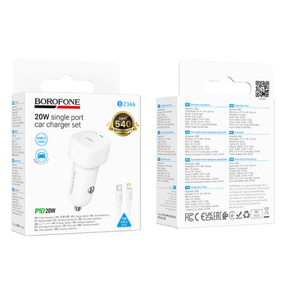Cargador de coche con cable Lightning Borofone BZ34B Cloud, 20W, 3A, 1 x USB-A - 1 x USB-C, Blanco
