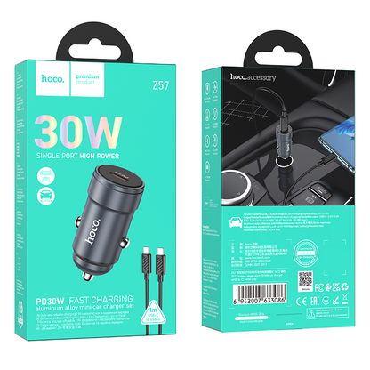 Cargador de Coche con Cable USB-C HOCO Z57, 30W, 3A, 1 x USB-C, Gris