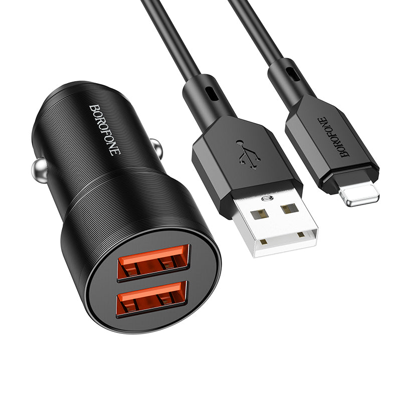 Cargador de coche con cable Lightning Borofone BZ19 Wisdom, 12W, 2.4A, 2 x USB-A, Negro 