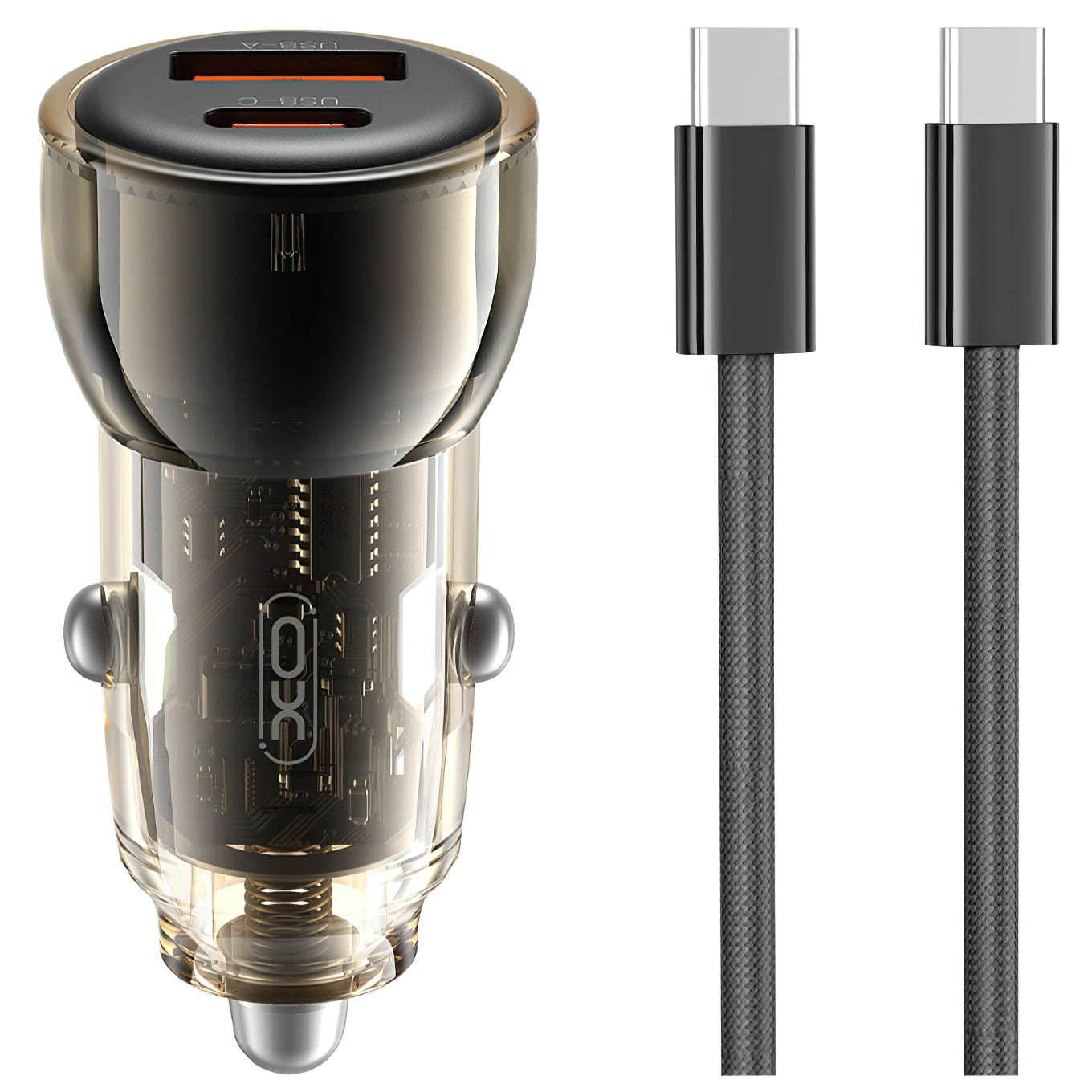 Cargador de coche con cable USB-C XO Design CC60, 60W, 3A, 1 x USB-A - 1 x USB-C, Negro