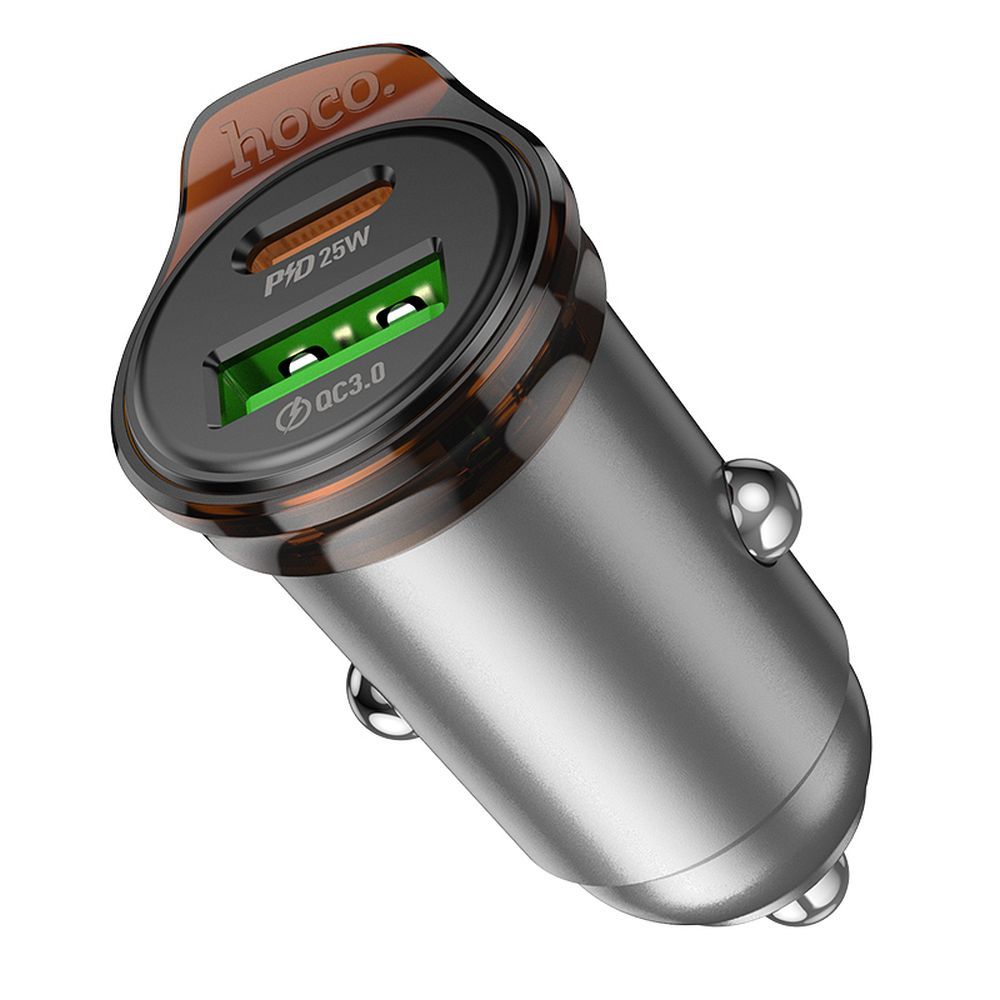 Cargador de coche con cable Lightning HOCO NZ16A, 43W, 3A, 1 x USB-A - 1 x USB-C, Gris