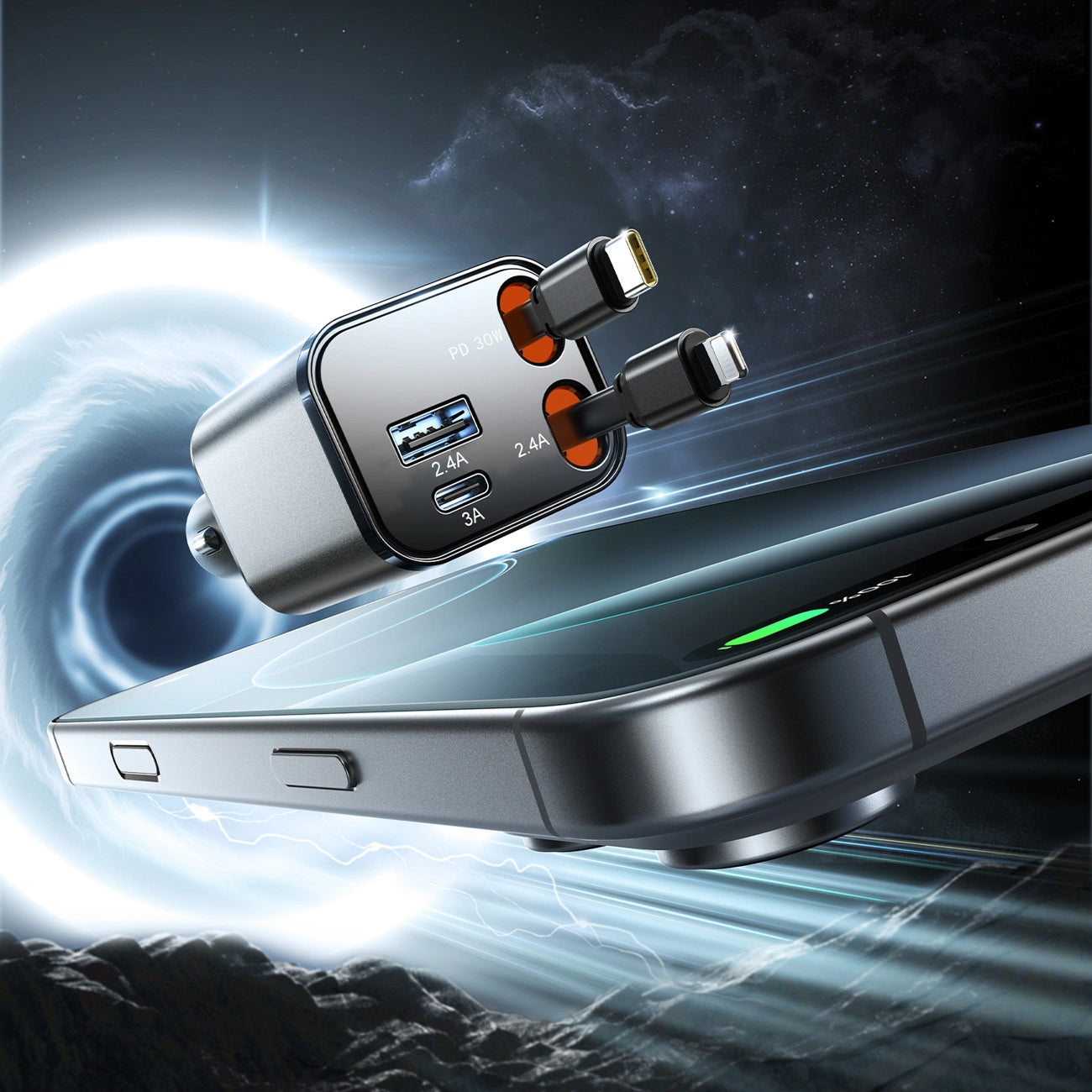 Cargador de coche con cable USB-C / Lightning Joyroom JR-CCL05, 30W, 3A, 1 x USB-A - 1 x USB-C, Gris