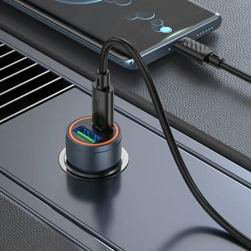 Cargador de Coche con Cable USB-C HOCO Z57A, 30W, 3A, 1 x USB-A - 1 x USB-C, Gris