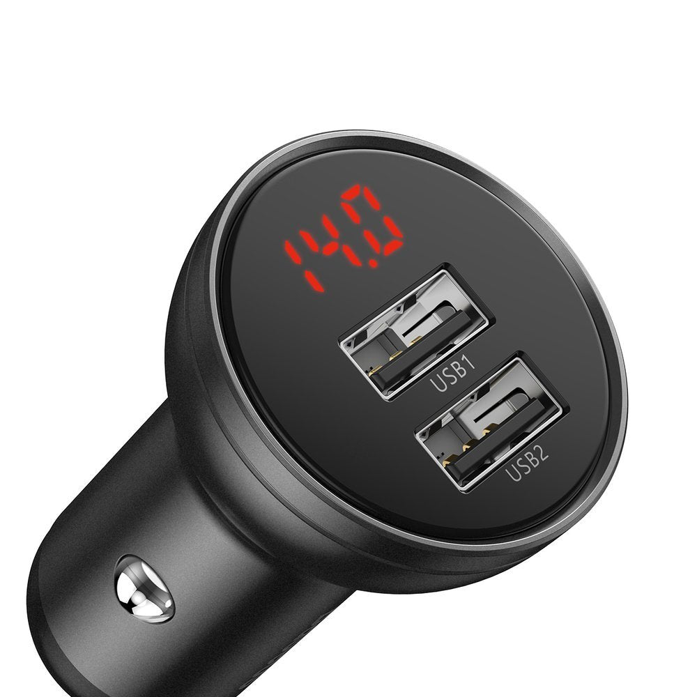 Cargador de coche con cable Lightning - microUSB - USB-C Baseus Digital Display, 24W, 2.4A, 2 x USB-A, Gris TZCCBX-0G