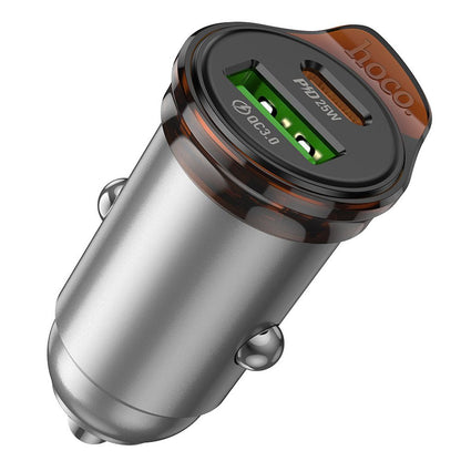 Cargador de coche con cable Lightning HOCO NZ16A, 43W, 3A, 1 x USB-A - 1 x USB-C, Gris
