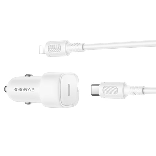 Cargador de coche con cable Lightning Borofone BZ34B Cloud, 20W, 3A, 1 x USB-A - 1 x USB-C, Blanco