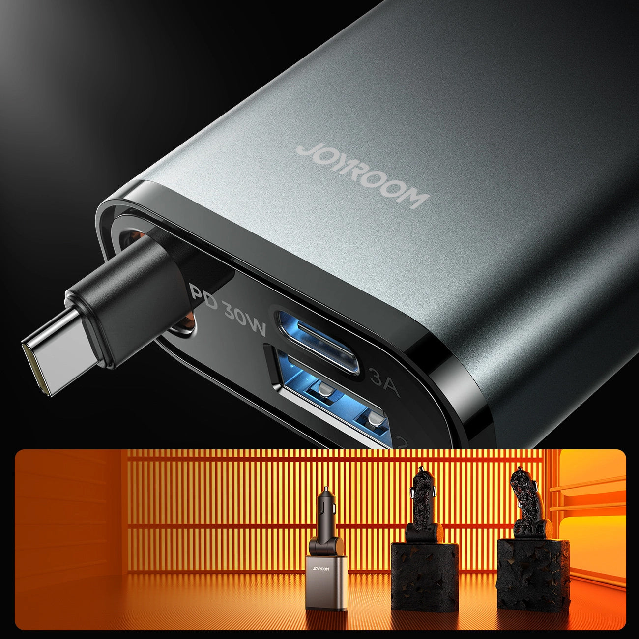 Cargador de coche con cable USB-C Joyroom JR-CCL07, 30W, 3A, 1 x USB-A - 1 x USB-C, Gris