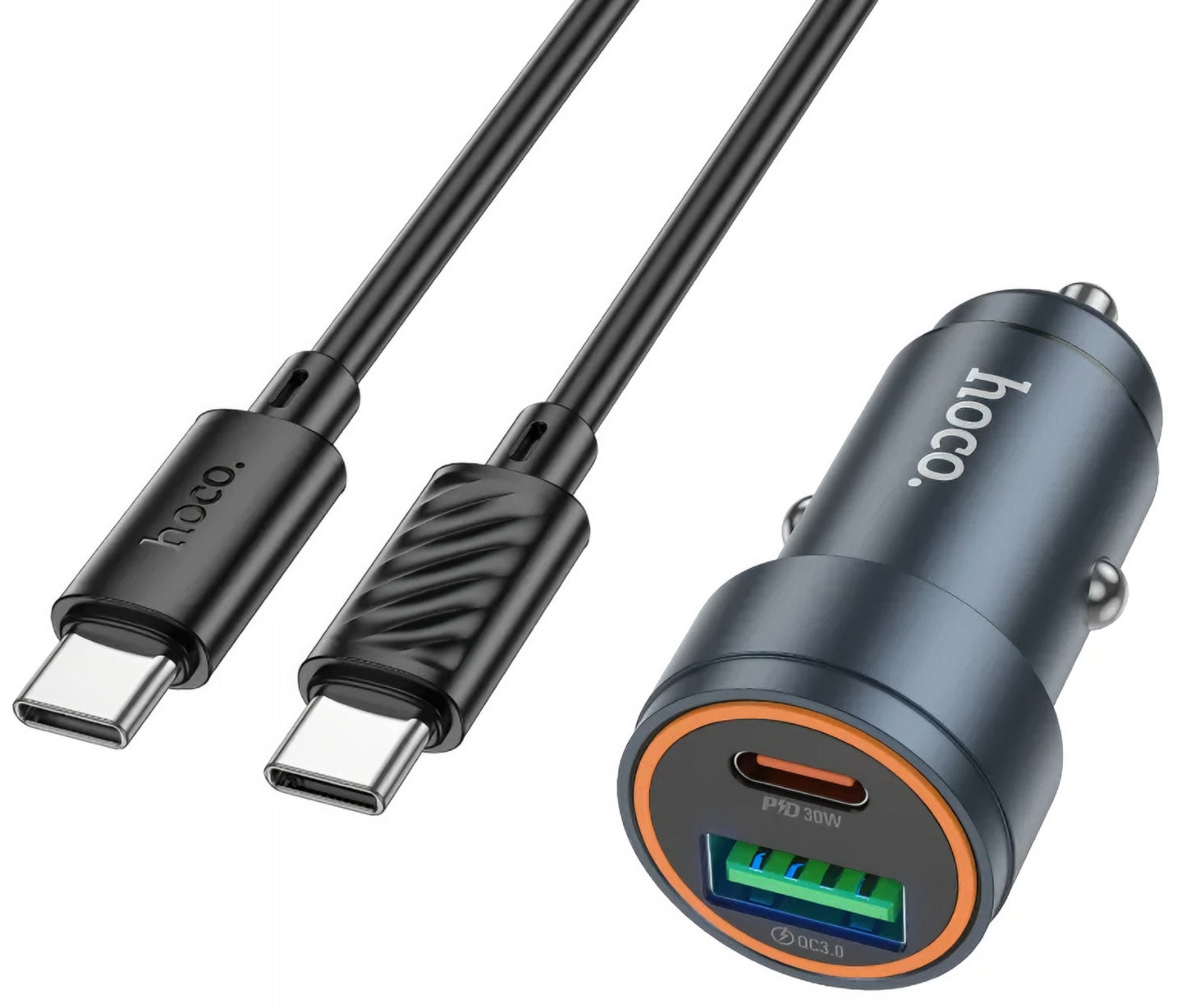 Cargador de Coche con Cable USB-C HOCO Z57A, 30W, 3A, 1 x USB-A - 1 x USB-C, Gris
