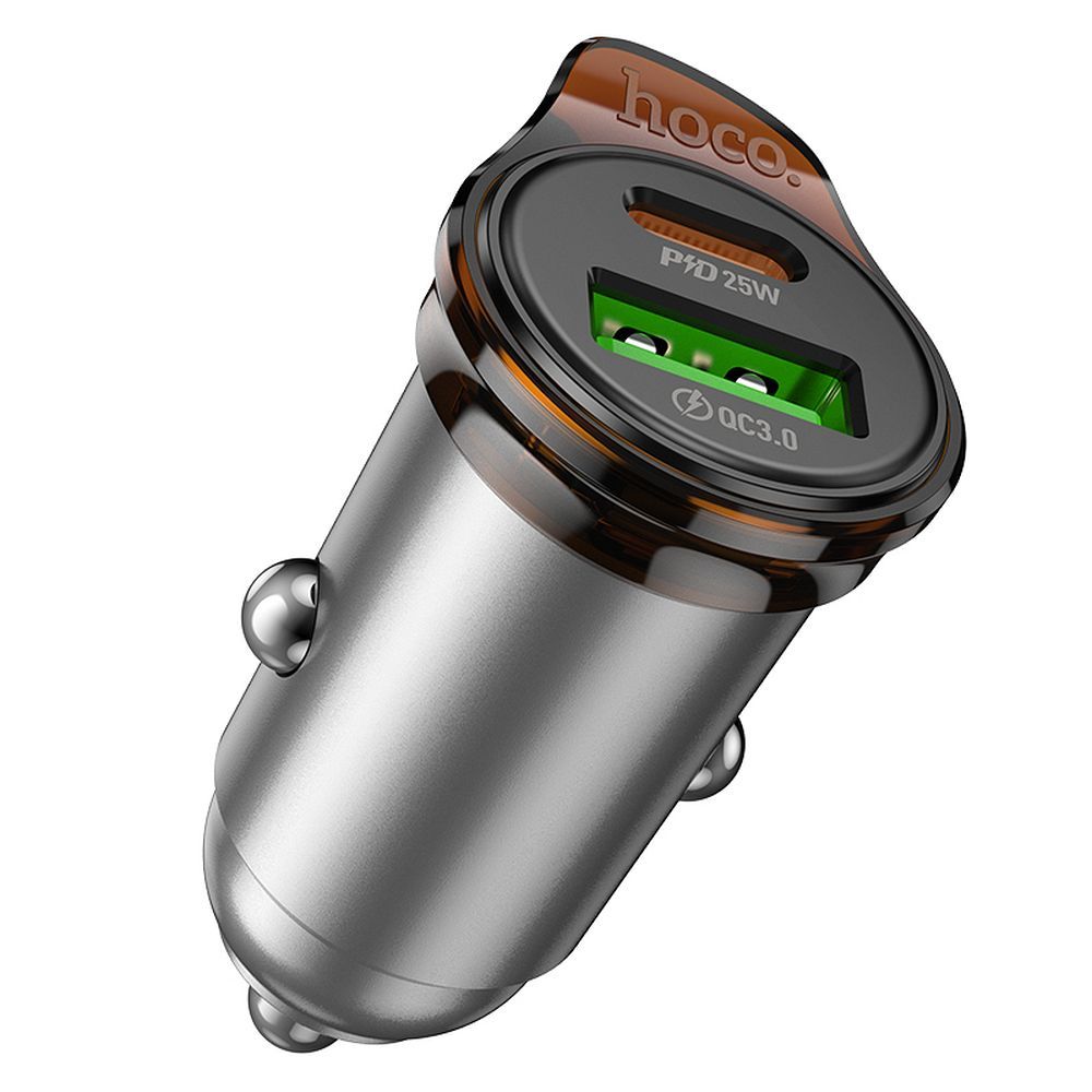 Cargador de coche con cable USB-C HOCO NZ16A, 43W, 3A, 1 x USB-A - 1 x USB-C, Gris