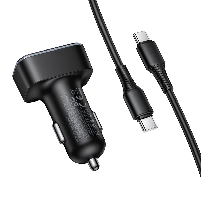 Car Charger with USB-C Cable HOCO Z63B Display, 48W, 3A, 1 x USB-A - 1 x USB-C, Black