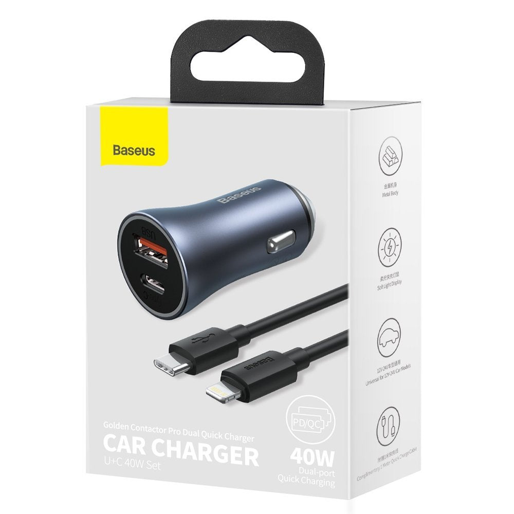 Cargador de coche con cable Lightning Baseus Golden Contactor, 40W, 3A, 1 x USB-A - 1 x USB-C, Gris TZCCJJD-B0G