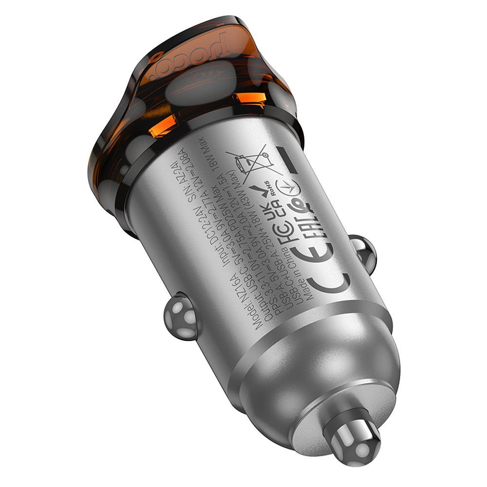 Cargador de coche con cable USB-C HOCO NZ16A, 43W, 3A, 1 x USB-A - 1 x USB-C, Gris