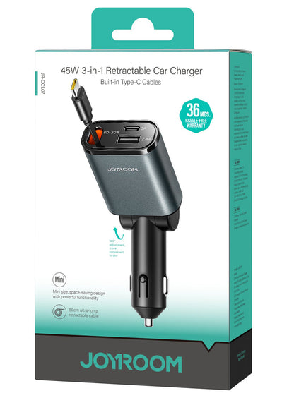 Cargador de coche con cable USB-C Joyroom JR-CCL07, 30W, 3A, 1 x USB-A - 1 x USB-C, Gris