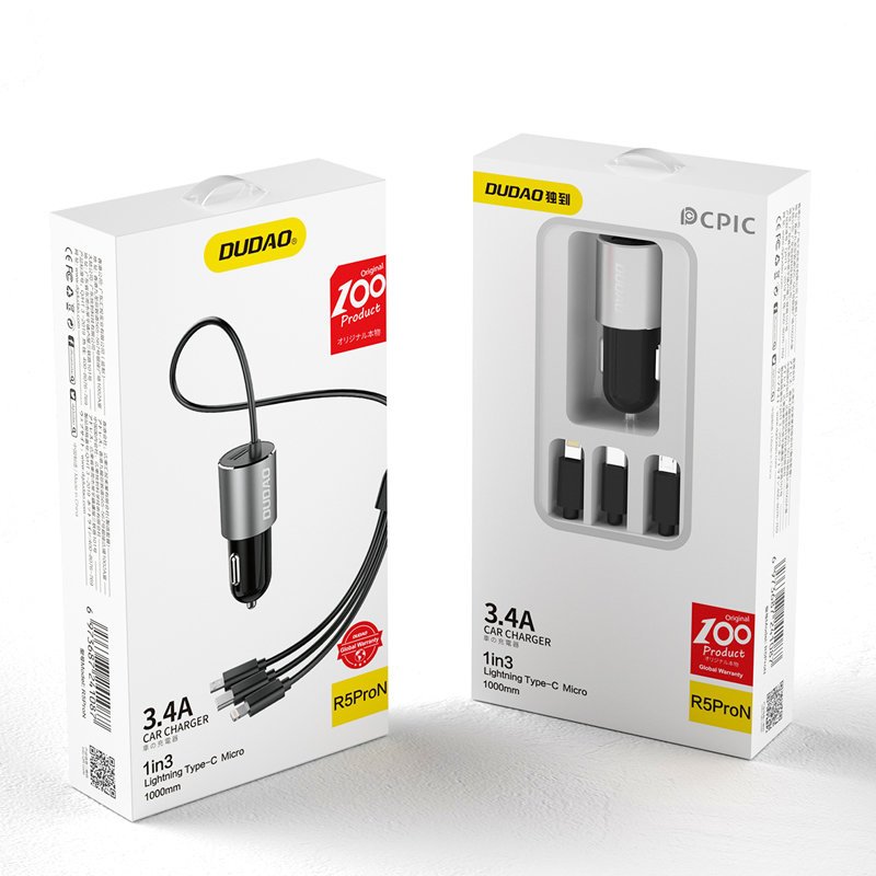 Car Charger With Lightning / microUSB / USB-C Cable Dudao R5ProN, 17W, 3.4A, 1 x USB-A, Black