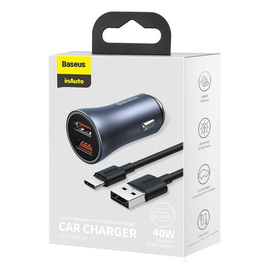 Cargador de coche con cable USB-C Baseus Golden Contactor Pro Dual, 40W, 3A, 2 x USB-A, Gris TZCCJD-A0G