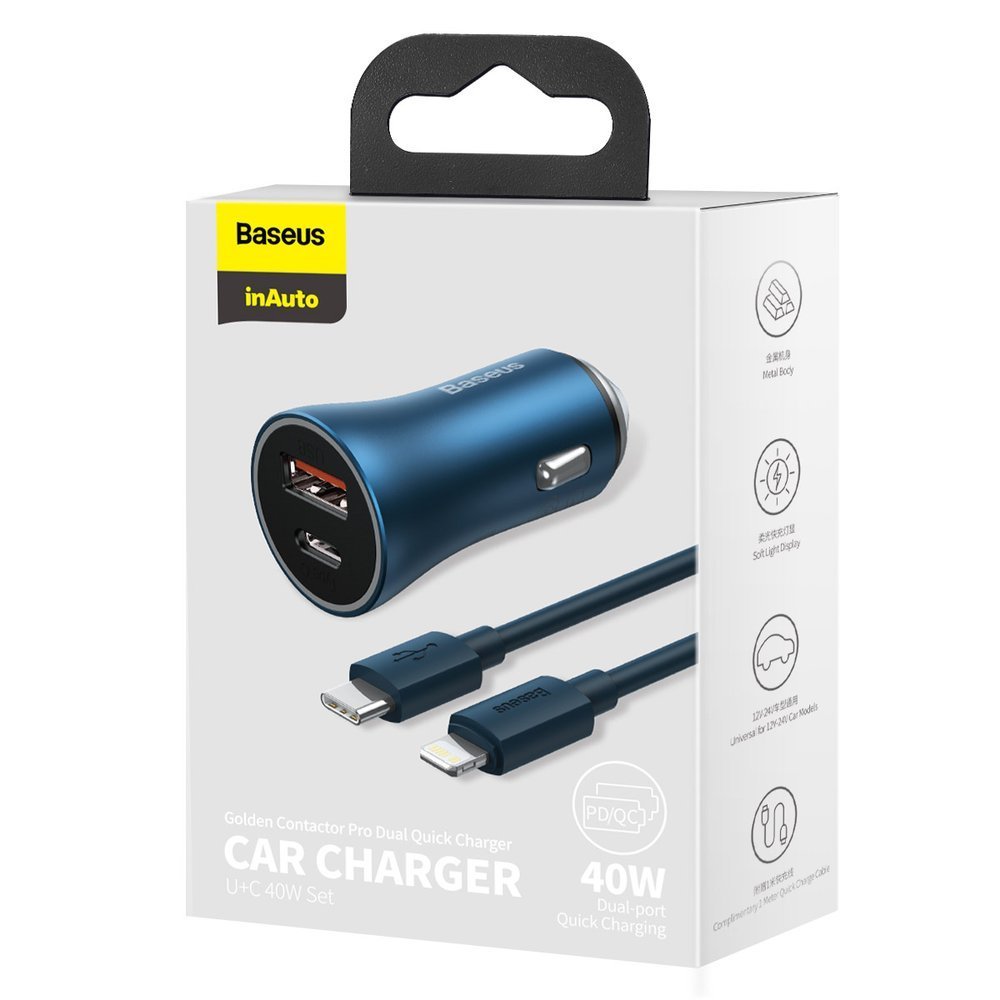 Cargador de coche con cable Lightning Baseus Golden Contactor, 40W, 3A, 1 x USB-A - 1 x USB-C, Azul TZCCJD-03