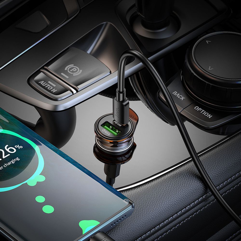 Cargador de coche con cable USB-C HOCO NZ16A, 43W, 3A, 1 x USB-A - 1 x USB-C, Gris