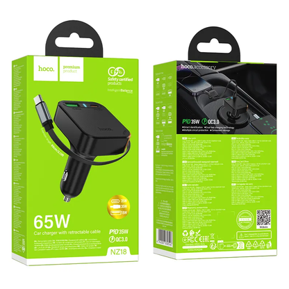 Cargador de Coche con Cable USB-C HOCO NZ18, 65W, 3A, 1 x USB-A - 1 x USB-C, Negro