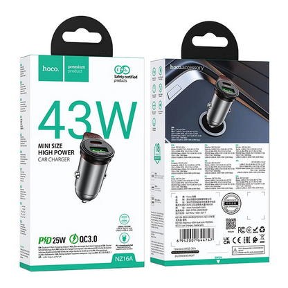 Cargador de coche con cable USB-C HOCO NZ16A, 43W, 3A, 1 x USB-A - 1 x USB-C, Gris