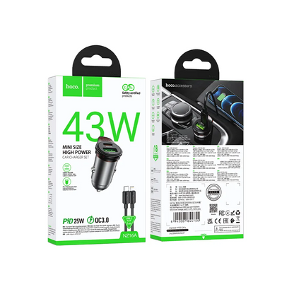 Cargador de coche con cable Lightning HOCO NZ16A, 43W, 3A, 1 x USB-A - 1 x USB-C, Gris