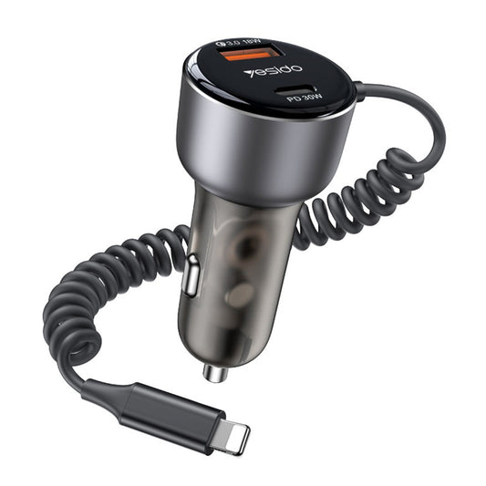 Cargador de coche con cable Lightning Yesido Y57, 50W, 3A, 1 x USB-A - 1 x USB-C, Negro