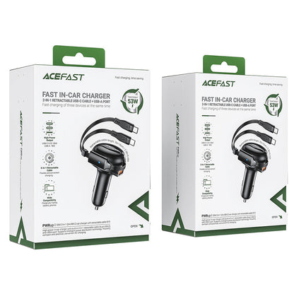 Cargador de coche con cable USB-C Acefast B13, 53W, 3A, 1 x USB-A, Negro