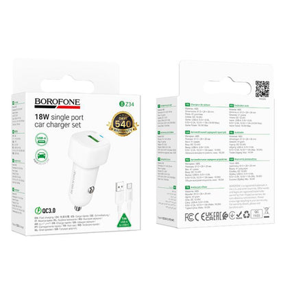 Cargador de coche con cable USB-C Borofone BZ34 Cloud, 18W, 3A, 1 x USB-A, Blanco