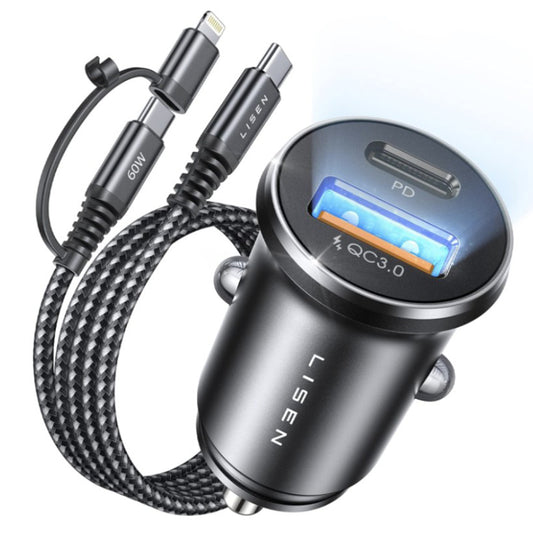 Cargador de coche con cable USB-C / Lightning Lisen, 48W, 3A, 1 x USB-A - 1 x USB-C, Negro YL0223080035
