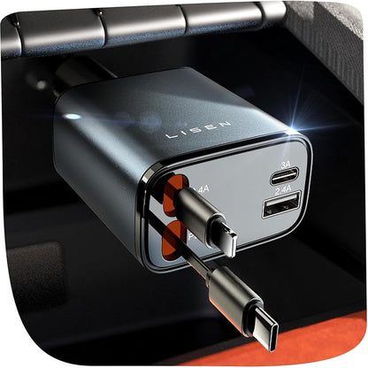 Cargador de coche con cable USB-C / Lightning Lisen, 69W, 3A, 1 x USB-A - 1 x USB-C, Negro YL0224040031