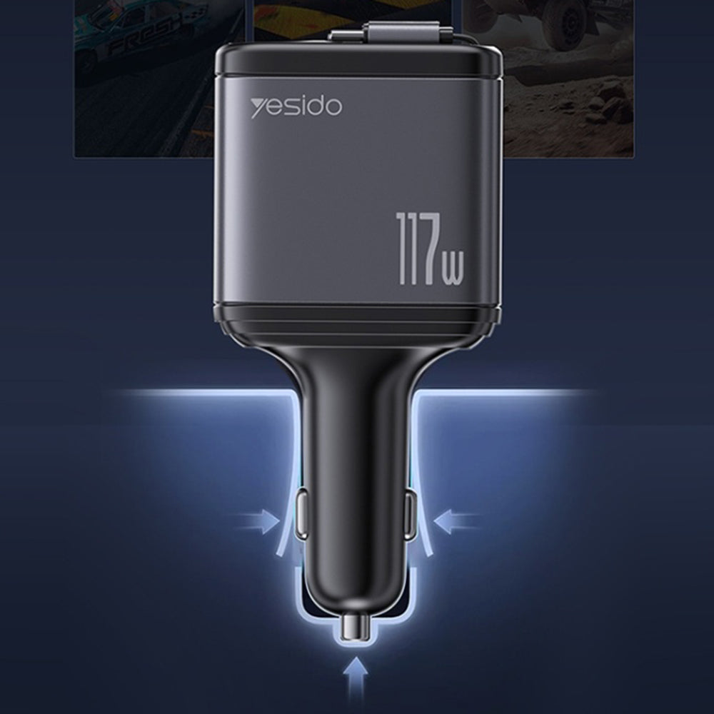 Cargador de coche con cable USB-C / Lightning Yesido Y63 Display, 117W, 3A, 1 x USB-A - 1 x USB-C, Gris