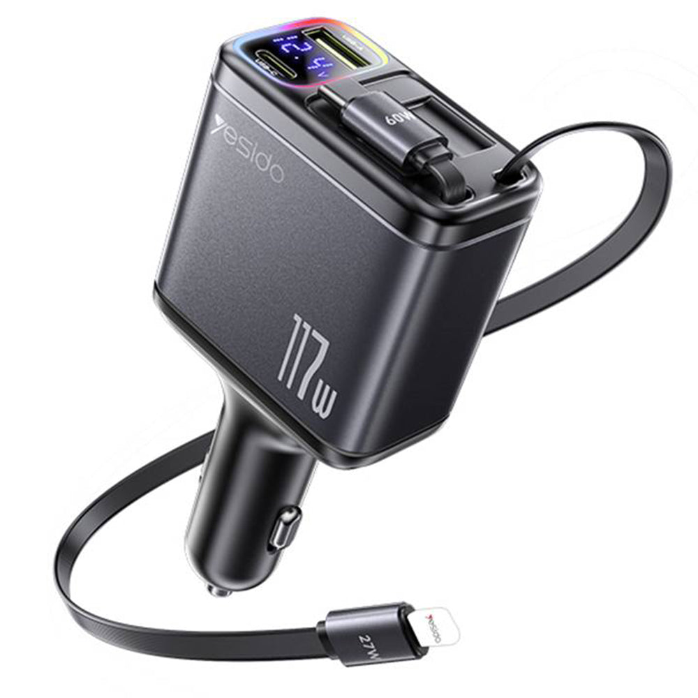 Cargador de coche con cable USB-C / Lightning Yesido Y63 Display, 117W, 3A, 1 x USB-A - 1 x USB-C, Gris