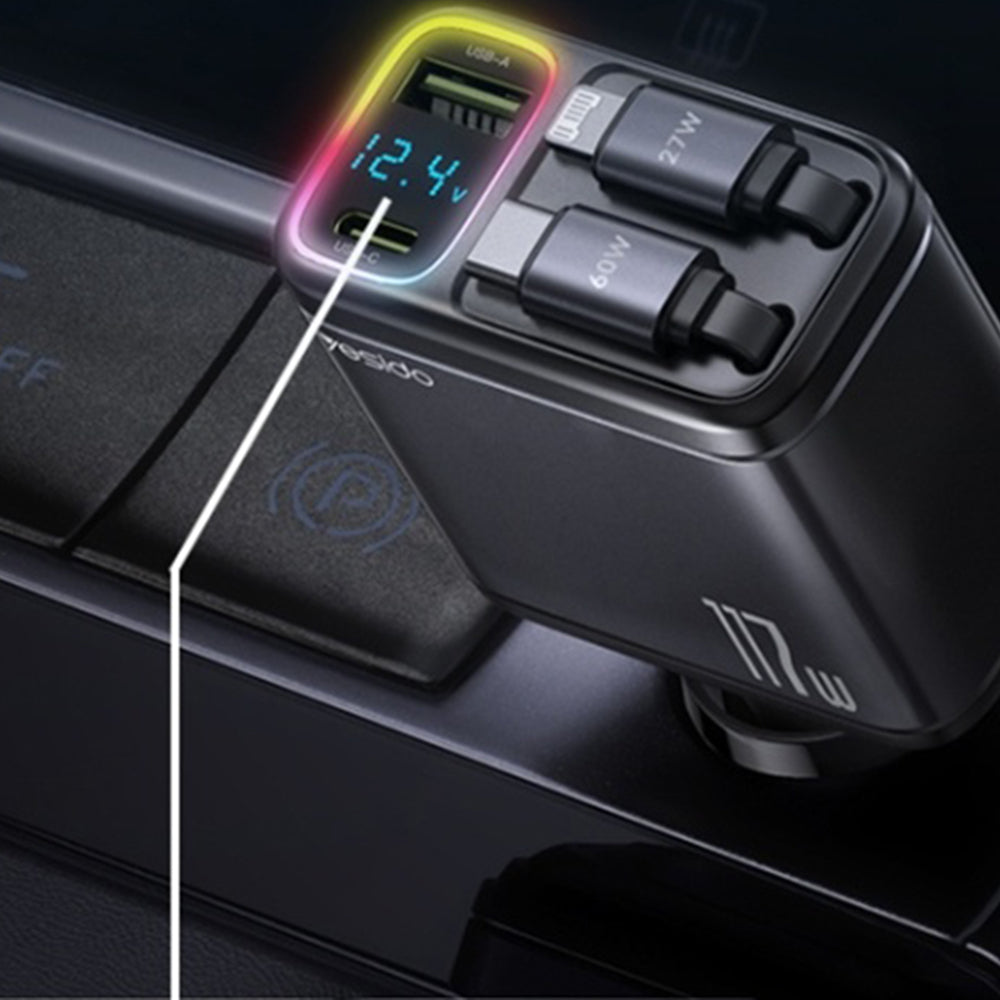 Cargador de coche con cable USB-C / Lightning Yesido Y63 Display, 117W, 3A, 1 x USB-A - 1 x USB-C, Gris