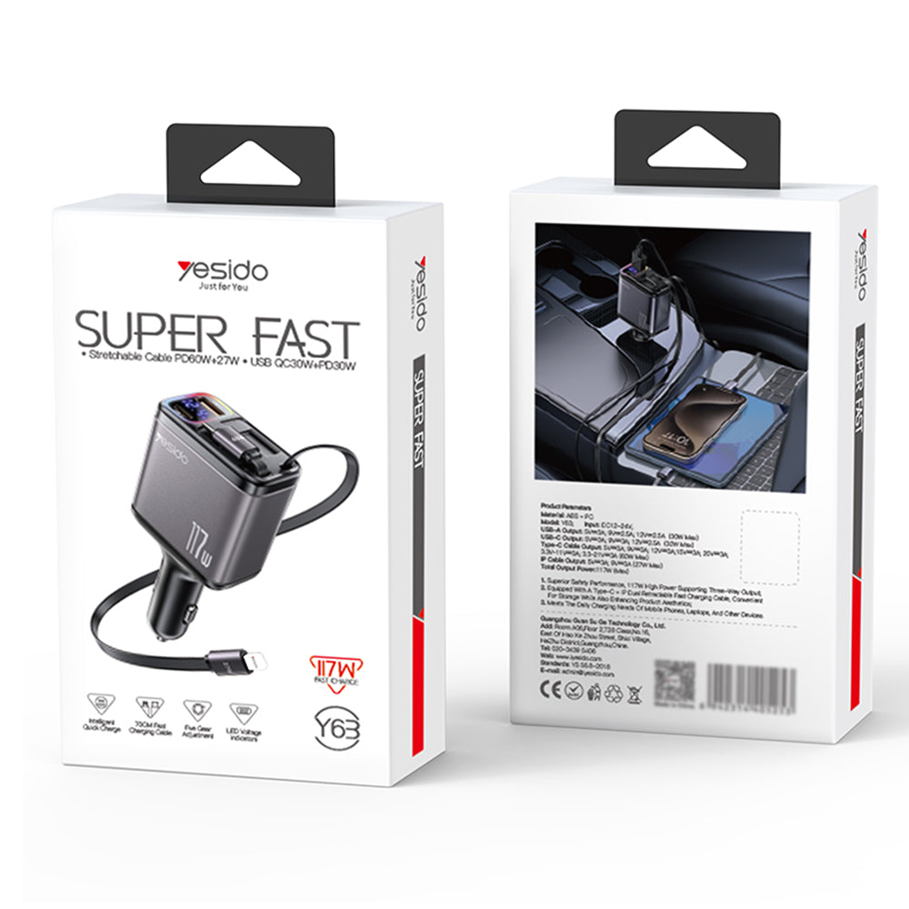 Cargador de coche con cable USB-C / Lightning Yesido Y63 Display, 117W, 3A, 1 x USB-A - 1 x USB-C, Gris