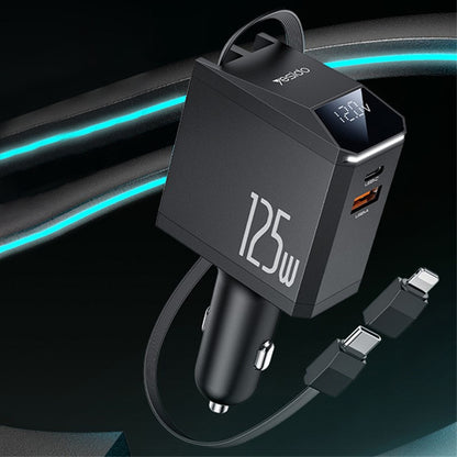 Cargador de coche con cable USB-C / Lightning Yesido Y71 Display, 125W, 3A, 1 x USB-A - 1 x USB-C, Negro