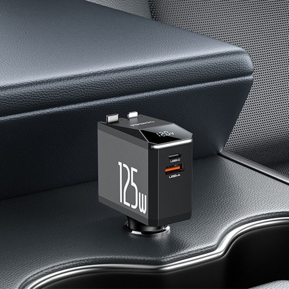 Cargador de coche con cable USB-C / Lightning Yesido Y71 Display, 125W, 3A, 1 x USB-A - 1 x USB-C, Negro