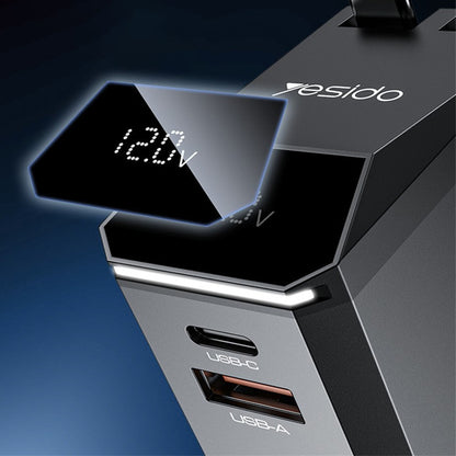 Cargador de coche con cable USB-C / Lightning Yesido Y71 Display, 125W, 3A, 1 x USB-A - 1 x USB-C, Negro