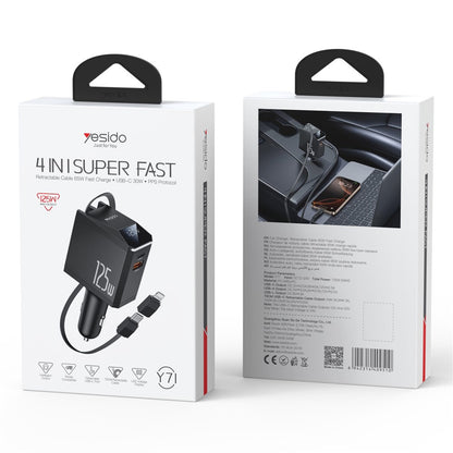 Cargador de coche con cable USB-C / Lightning Yesido Y71 Display, 125W, 3A, 1 x USB-A - 1 x USB-C, Negro