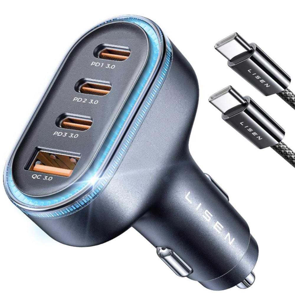 Cargador de Coche con Cable USB-C Lisen, 101W, 3.25A, 1 x USB-A - 3 x USB-C, Negro YL0223120021