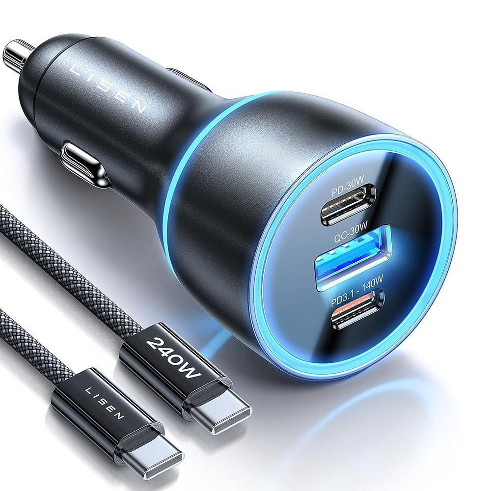 Cargador de Coche con Cable USB-C Lisen, 170W, 5A, 1 x USB-A - 2 x USB-C, Negro YL0225060006