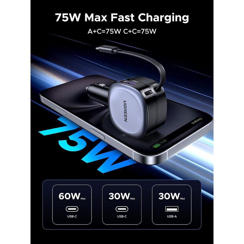 Cargador de Coche con Cable USB-C UGREEN EC601, 75W, 3A, 1 x USB-A - 1 x USB-C, Gris